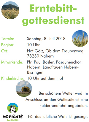 Erntebittgottesdienst am Sonntag, 8. Juli um 10 Uhr auf dem Hof der Familie Gölz